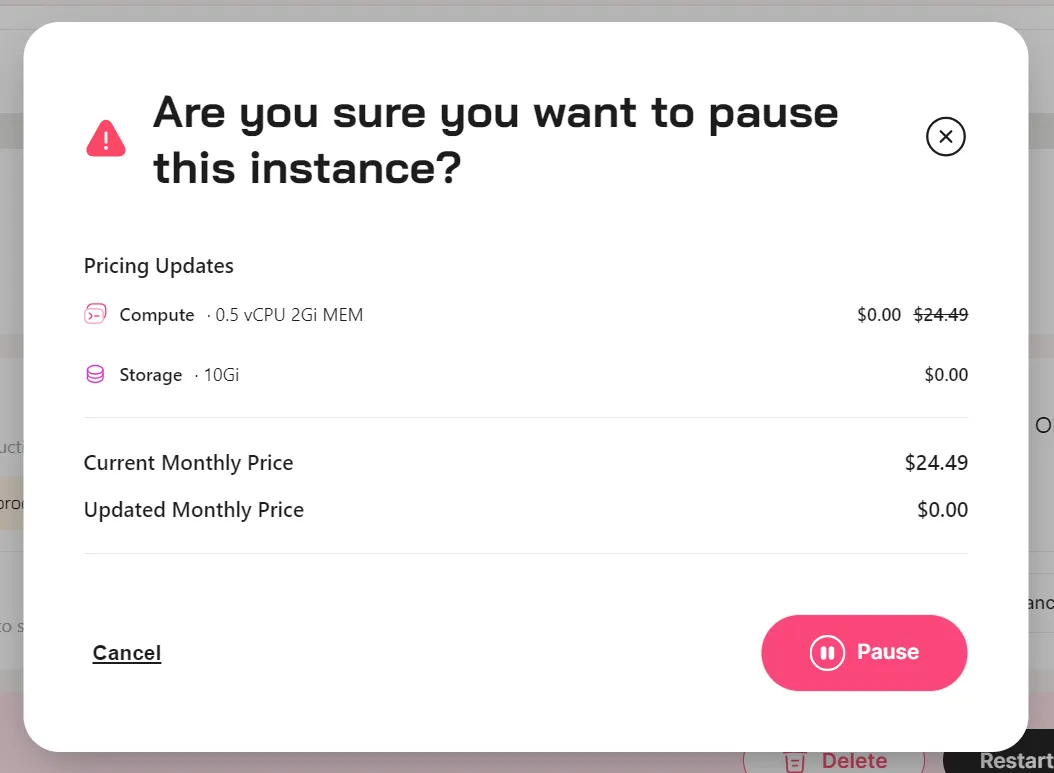 Warning confirm pausing your instance