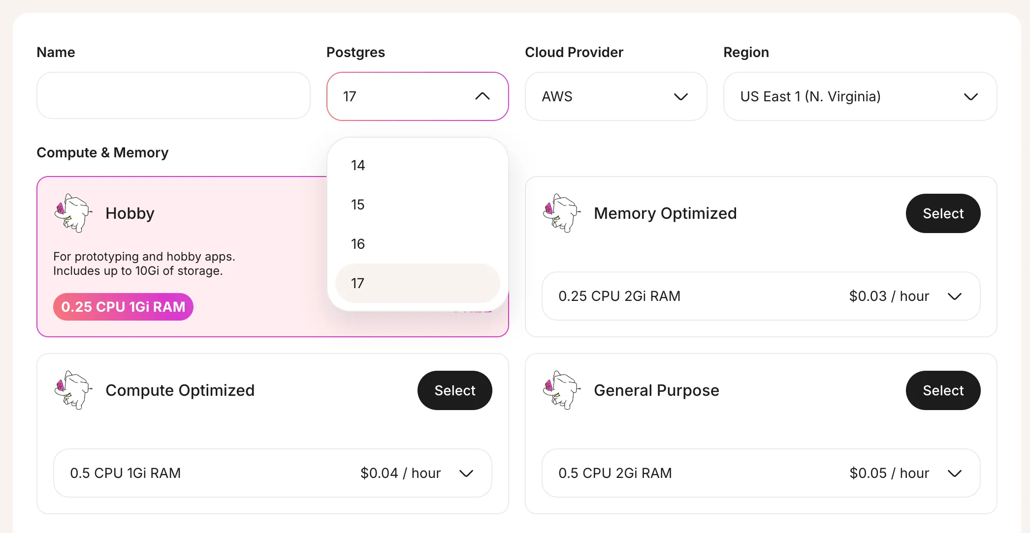 Screenshot of the Tembo Cloud instance creation process