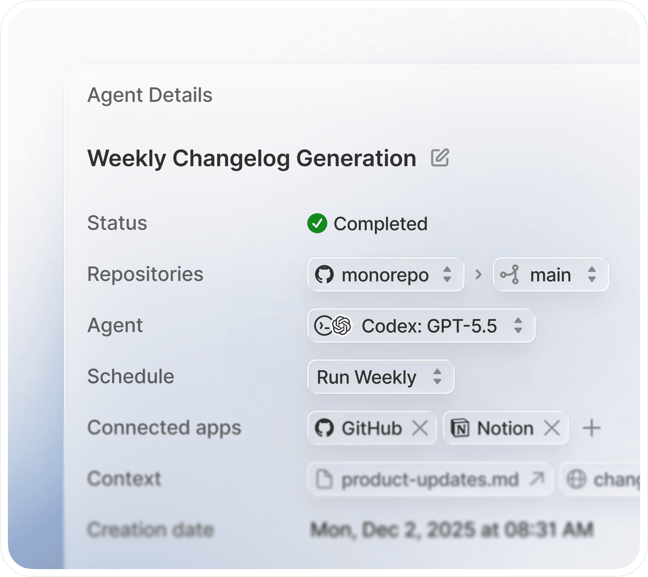 An automation template configuration — Weekly Changelog Generation, with status, repository, agent, and connected apps.