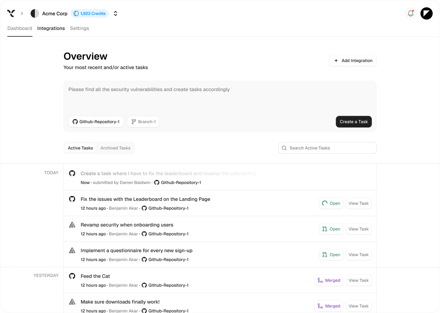 Tembo AI agent dashboard showing active tasks, GitHub integrations, and automated workflows for engineering teams