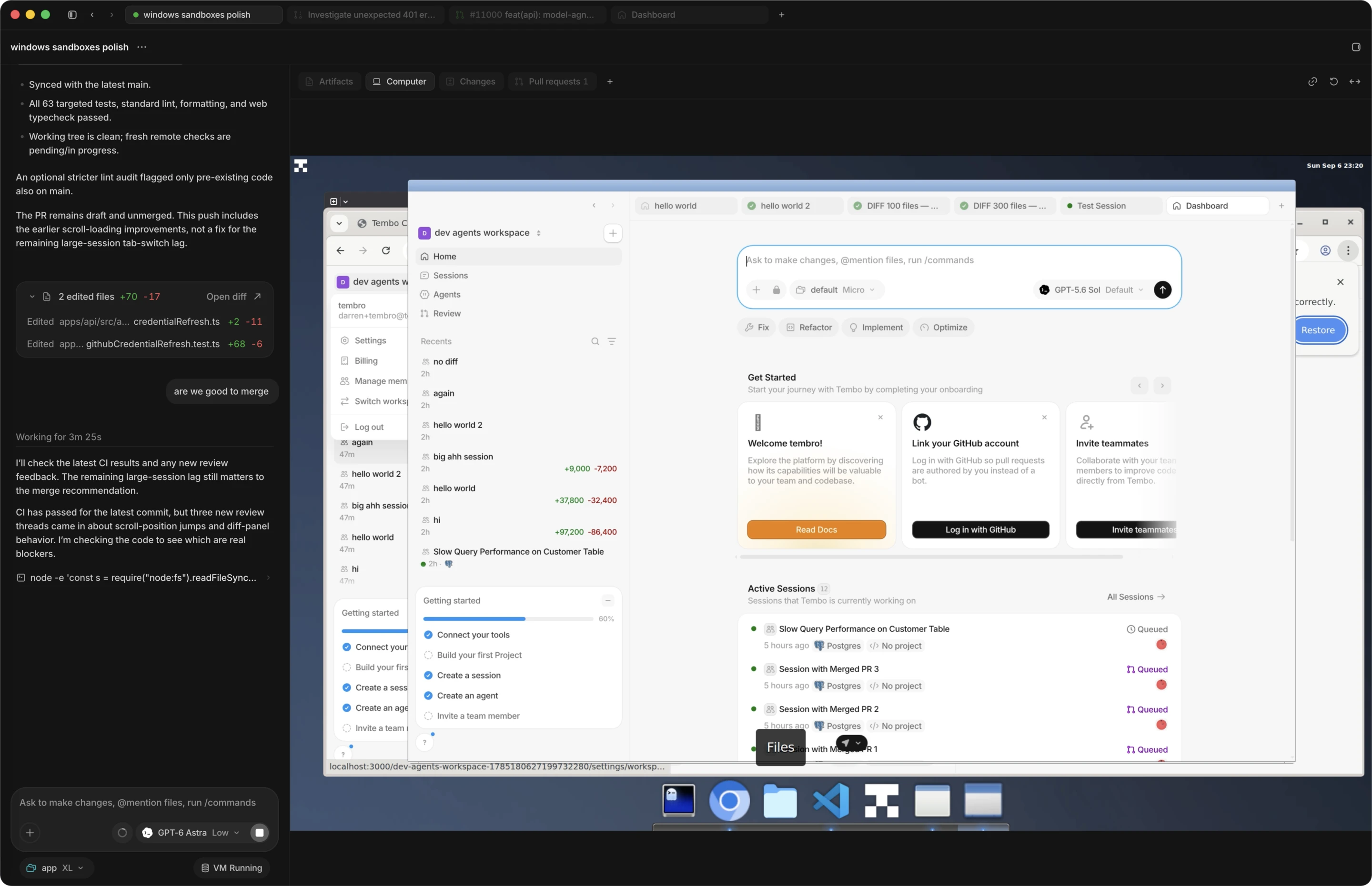 A Tembo session with the agent's chat on the left and the Computer tab on the right, showing the VM's desktop with a browser window open and an application dock