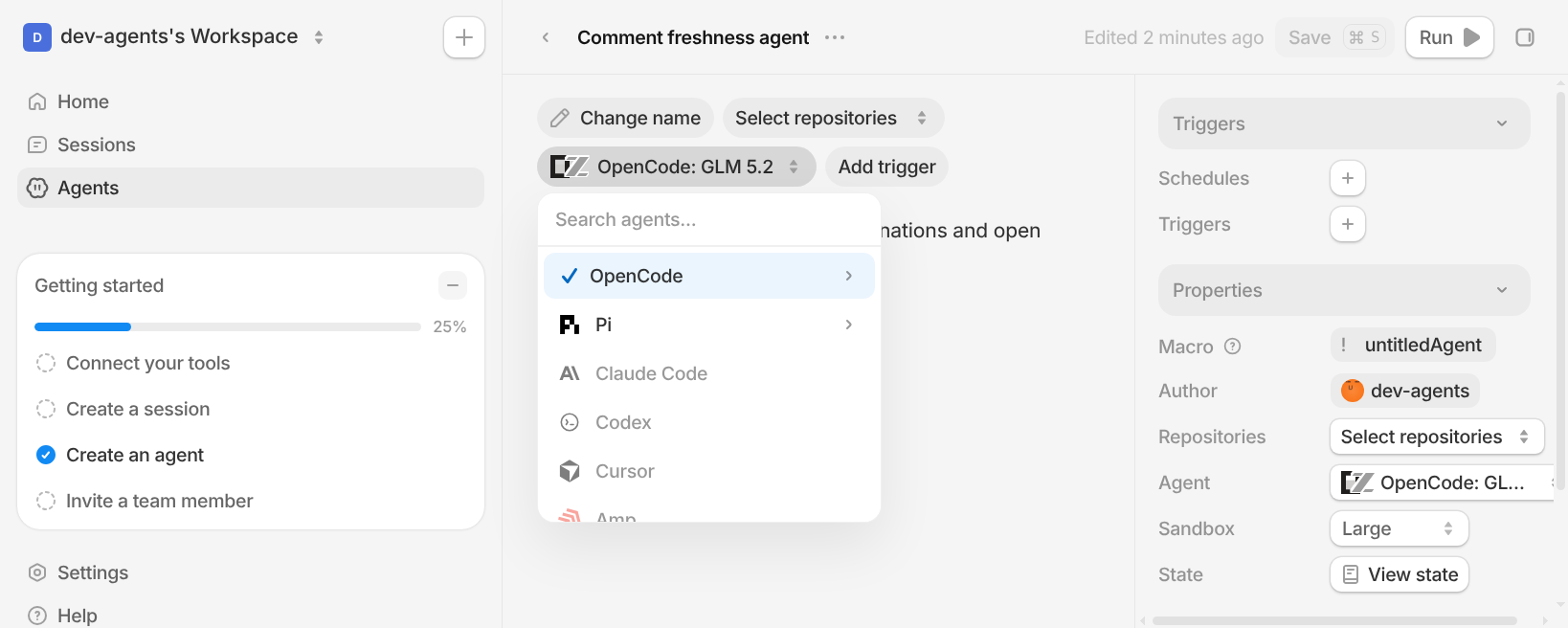 Agent editor runtime selector showing OpenCode selected with Pi, Claude Code, Codex, Cursor, Amp, Antigravity, and Grok Build in the runtime menu.