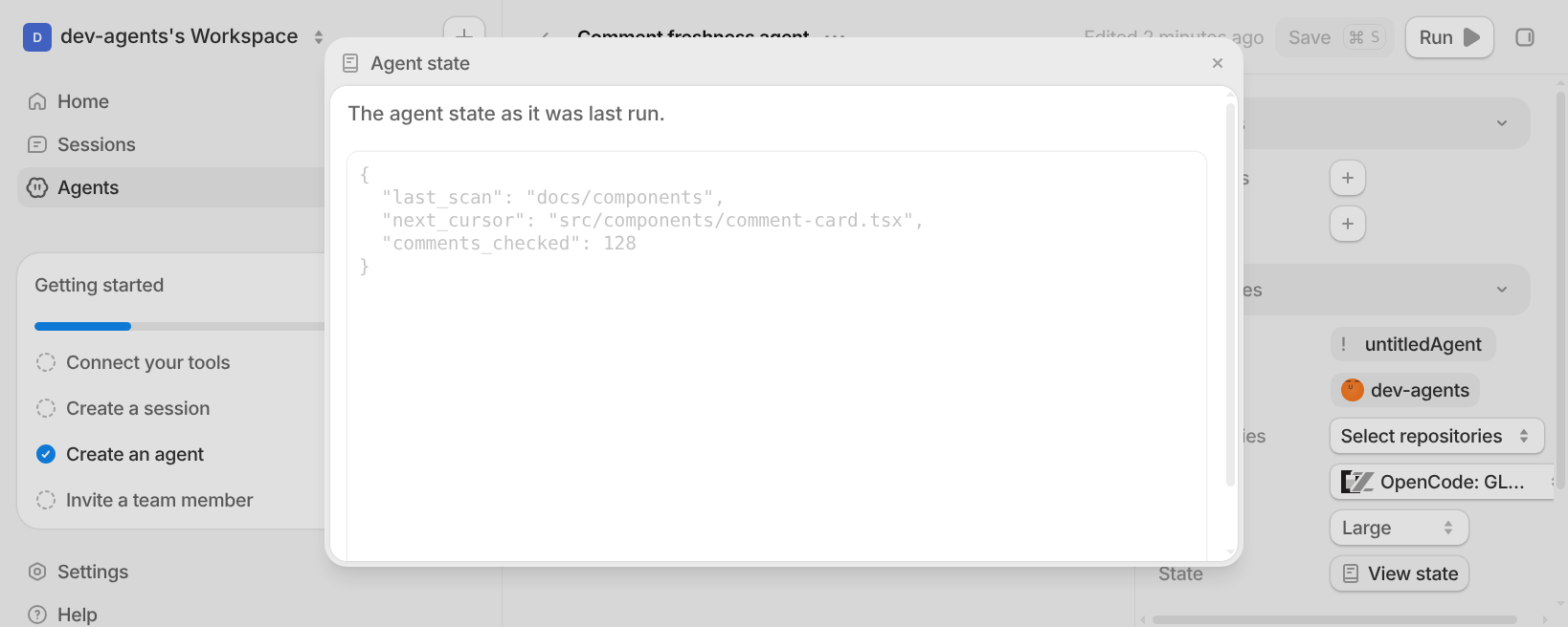 Agent state dialog opened from the agent Properties panel, showing persisted JSON state.