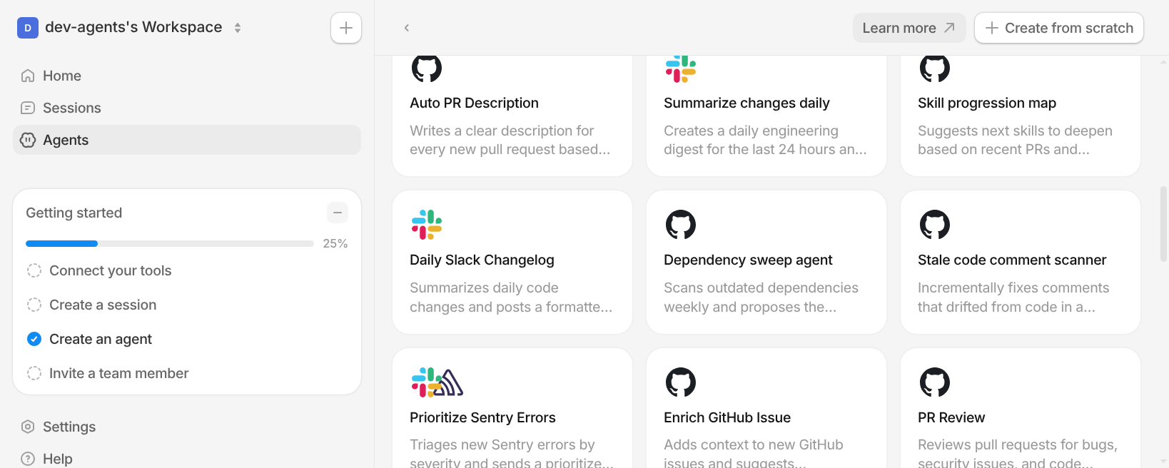 Agent template gallery showing the new Stale code comment scanner template.